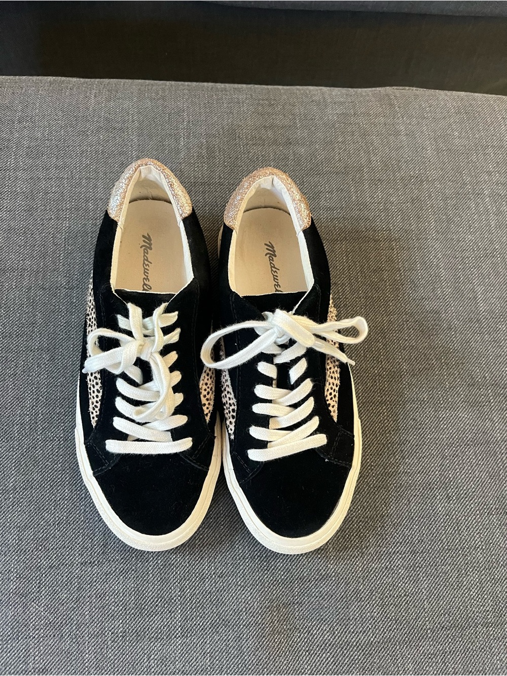 Madewell Sidewalk Low-Top Sneakers in black suede with a cheetah-spot calf hair
